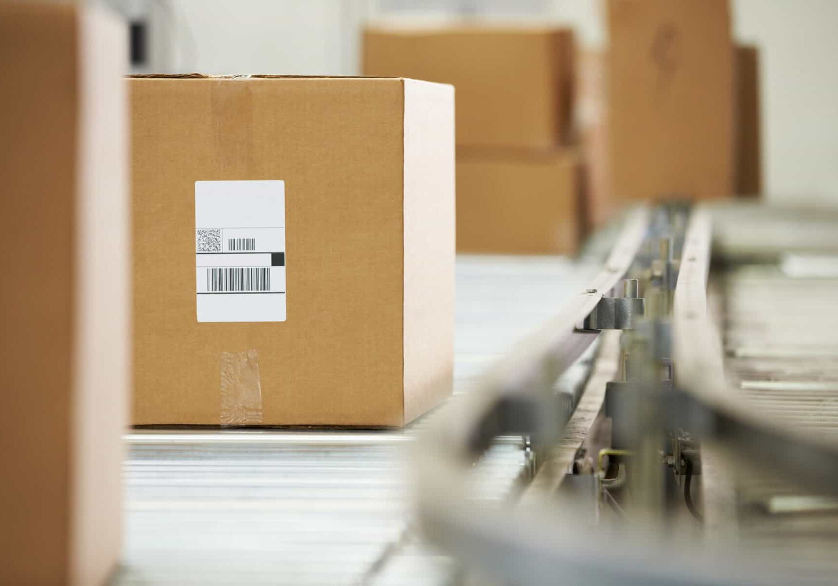 Goods On Conveyor Belt In Distribution Warehouse